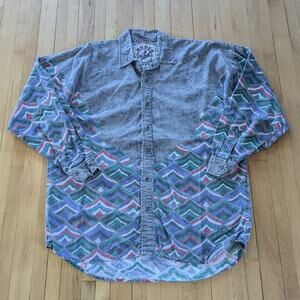 Vintage 80s Aztec Western Shirt Size M Gray Southwestern Rodeo Active Button Up